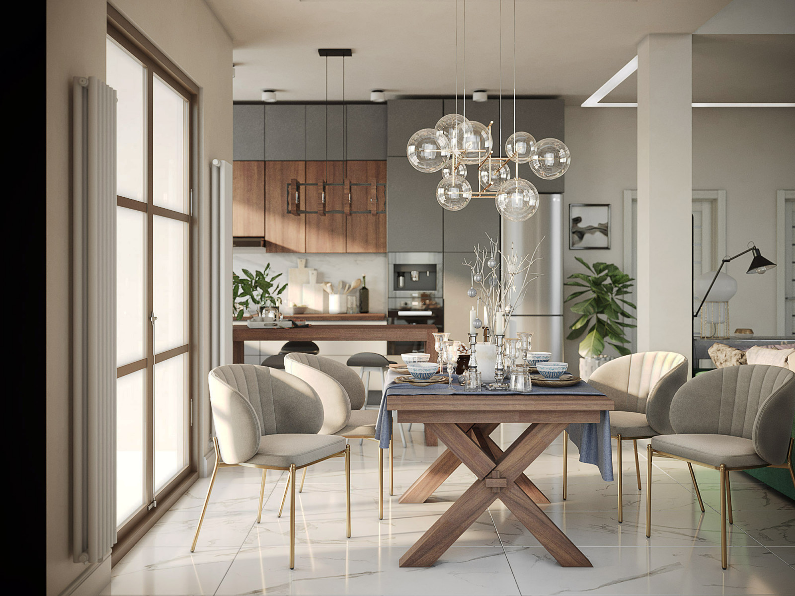 Пространство первого этажа. Кухня-столовая