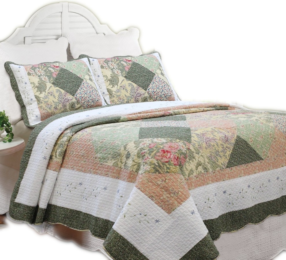 Grace Forest Green Real Patchwork 100Cotton Quilt Set, King Set