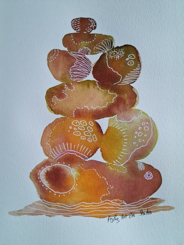 galets en équilibre aquarelle et feutre