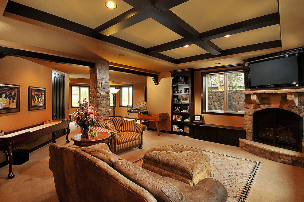 Photo of a traditional basement in Denver with beige floor and a standard fireplace.