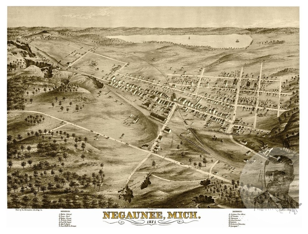 Old Map of Negaunee Michigan 1871, Vintage Map Art Print, 12"x18