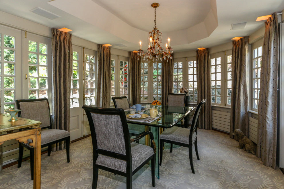 Photo of a mid-sized transitional separate dining room in Boston with carpet, beige floor and coffered.
