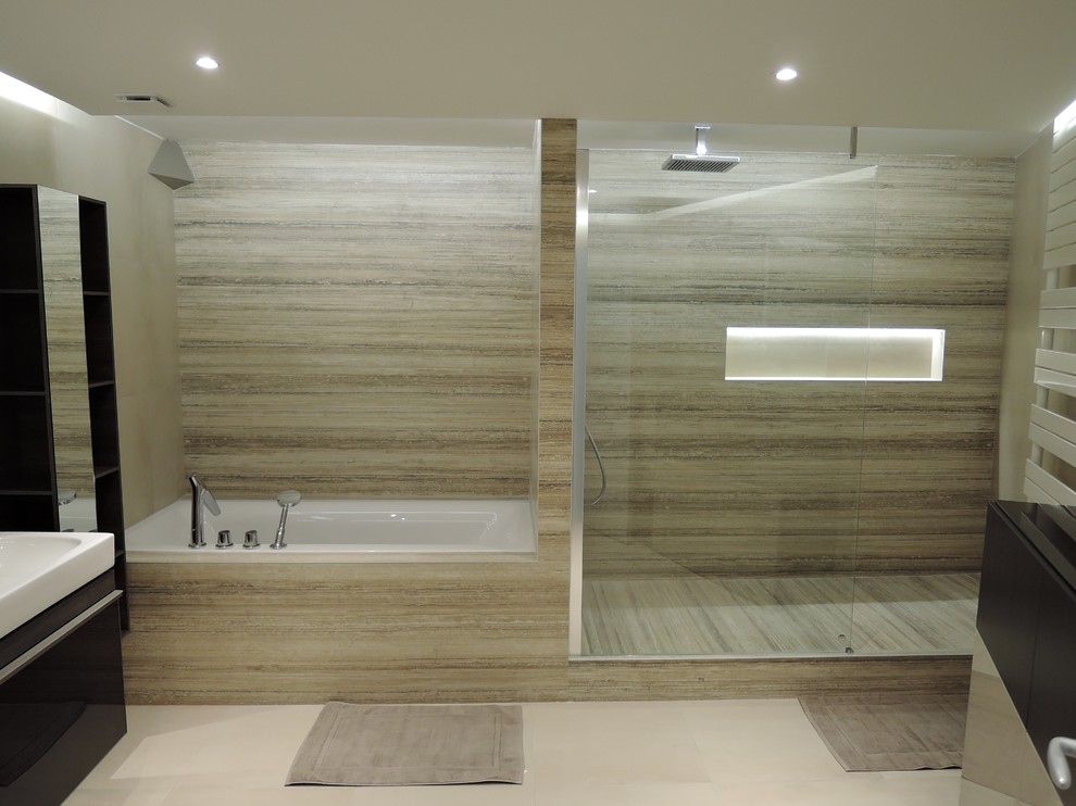 Large contemporary master bathroom in Montpellier with beaded inset cabinets, dark wood cabinets, an undermount tub, an open shower, a wall-mount toilet, beige tile, ceramic tile, beige walls, ceramic floors and a wall-mount sink.