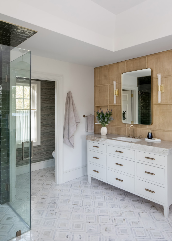 Photo of a transitional bathroom in Philadelphia with flat-panel cabinets, white cabinets, a corner shower, white walls, marble floors, an undermount sink, grey floor, grey benchtops, a single vanity, a freestanding vanity and wood walls.