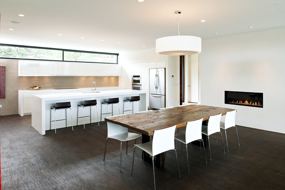 This is an example of a modern kitchen in Minneapolis with flat-panel cabinets.