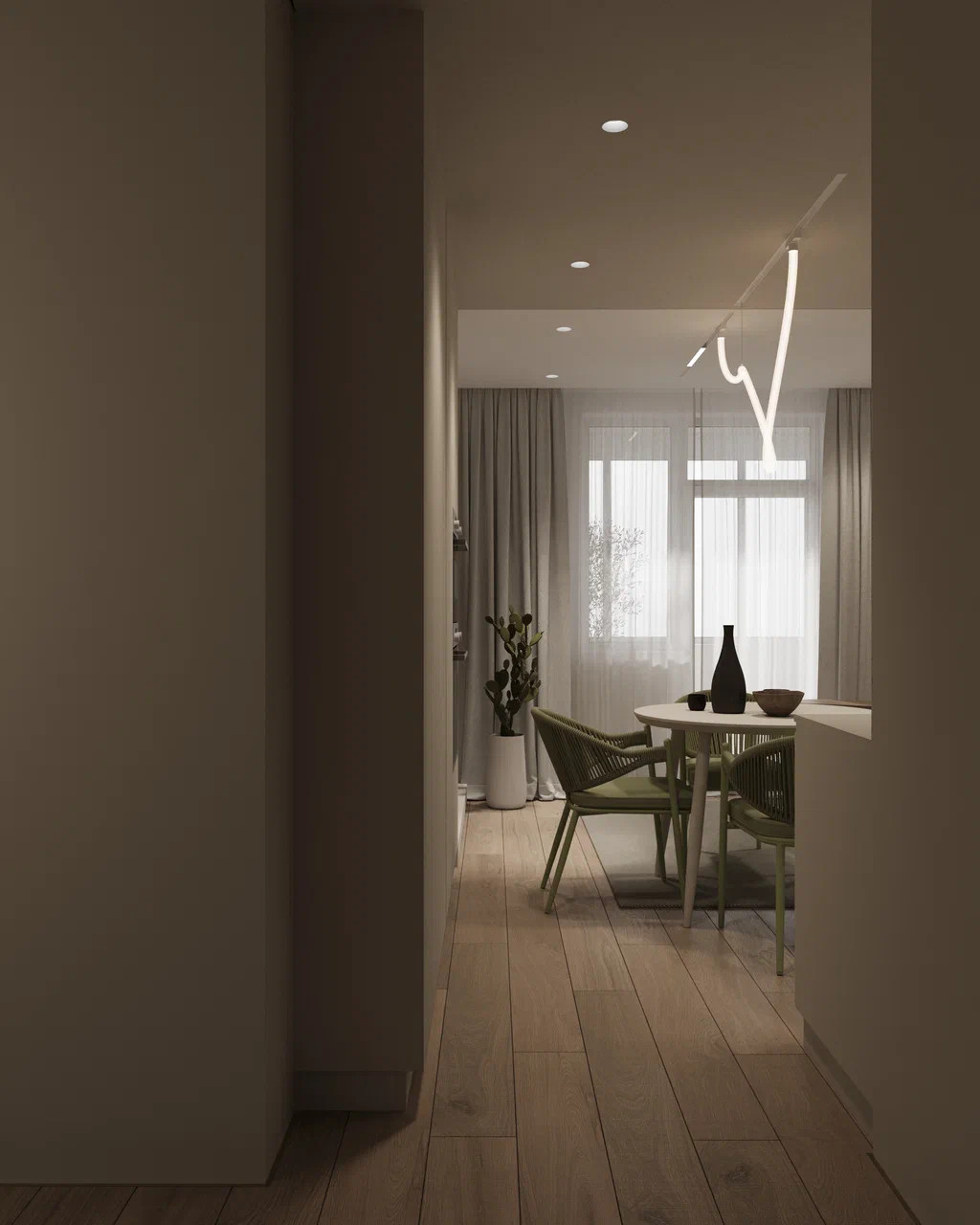 Дизайн кухни-гостиной с акцентным оливковым