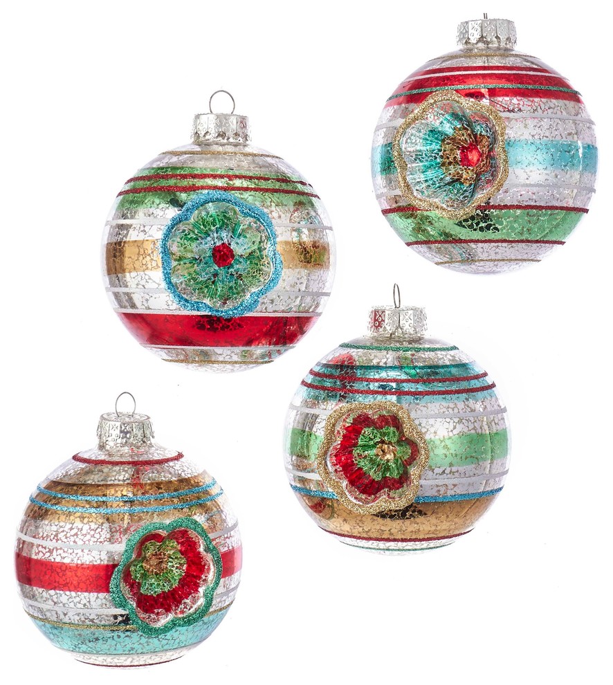Kurt Adler 100MM Early Years Glass Reflector Ball Ornaments, 4Piece