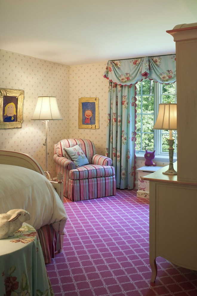 This is an example of a mid-sized traditional kids' bedroom for girls and kids 4-10 years old in Philadelphia with carpet, pink floor and beige walls.
