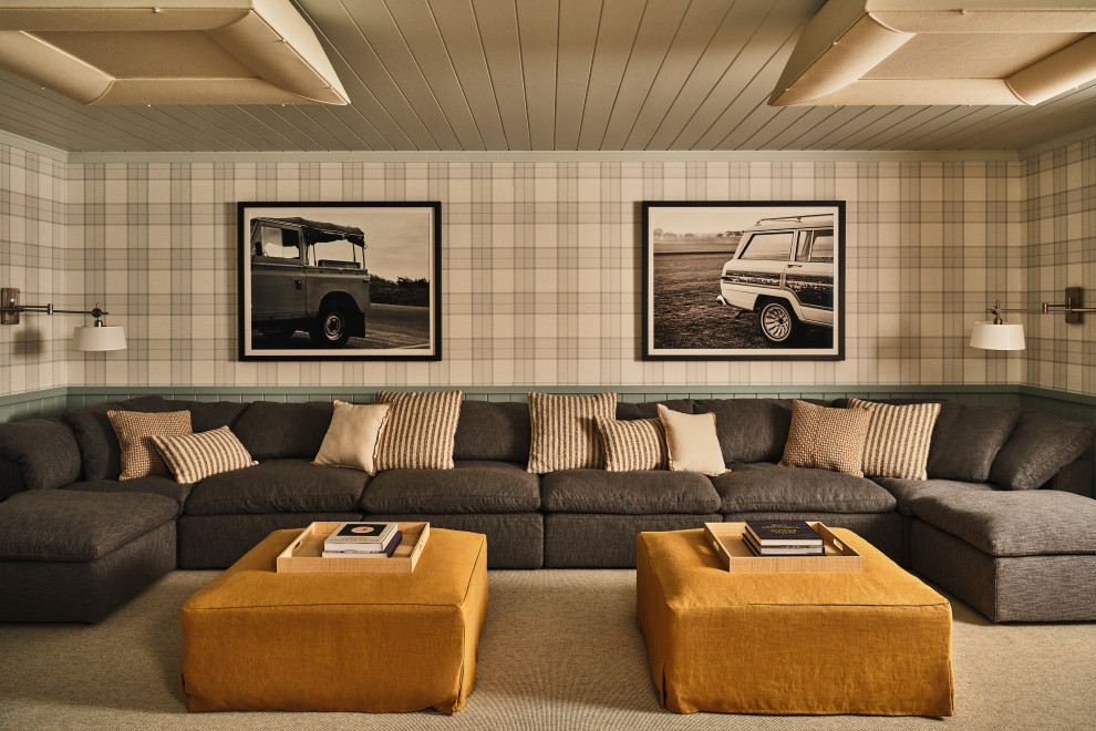 Family room - transitional carpeted, gray floor, shiplap ceiling, wainscoting and wallpaper family room idea in New York with multicolored walls