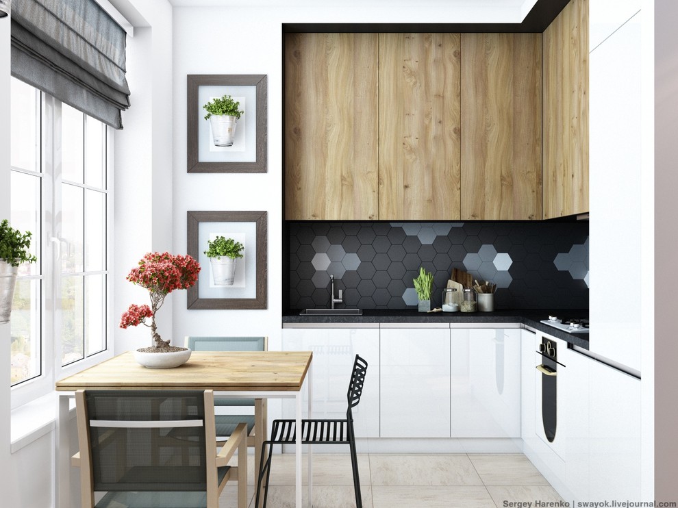 Design ideas for a small modern l-shaped eat-in kitchen in Other with black splashback and no island.