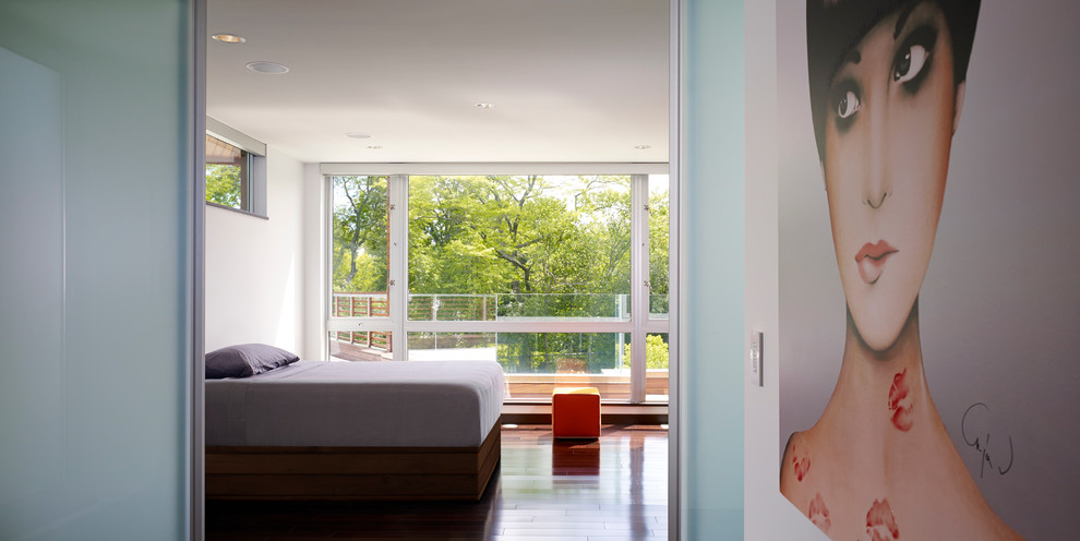 Inspiration for a mid-sized contemporary master bedroom in Chicago with white walls, vinyl floors and brown floor.