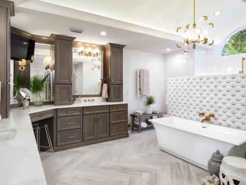 Luxury bathroom featuring premium RTA cabinets Canada in elegant shaker style with gold hardware, white countertops, and freestanding bathtub.