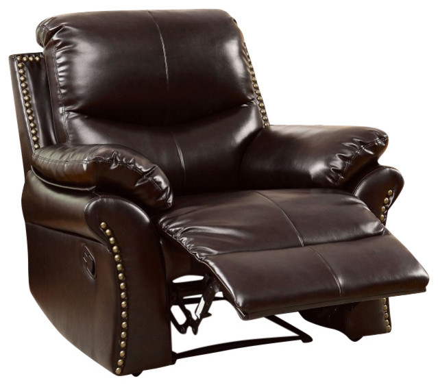 Plush Cushions Bonded Leather Match Rustic Dark Brown Recliner Recliner Chairs by