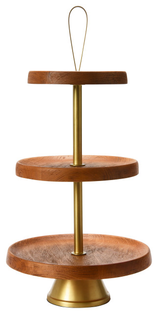 Elegant Modern 3-Tiered Tray/Cake Stand, Natural/Gold, Large