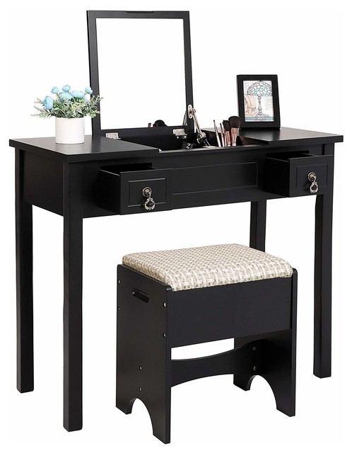 Contemporary Vanity Set Flip Top Mirror 2 Drawer And Cushioned Stool Black
