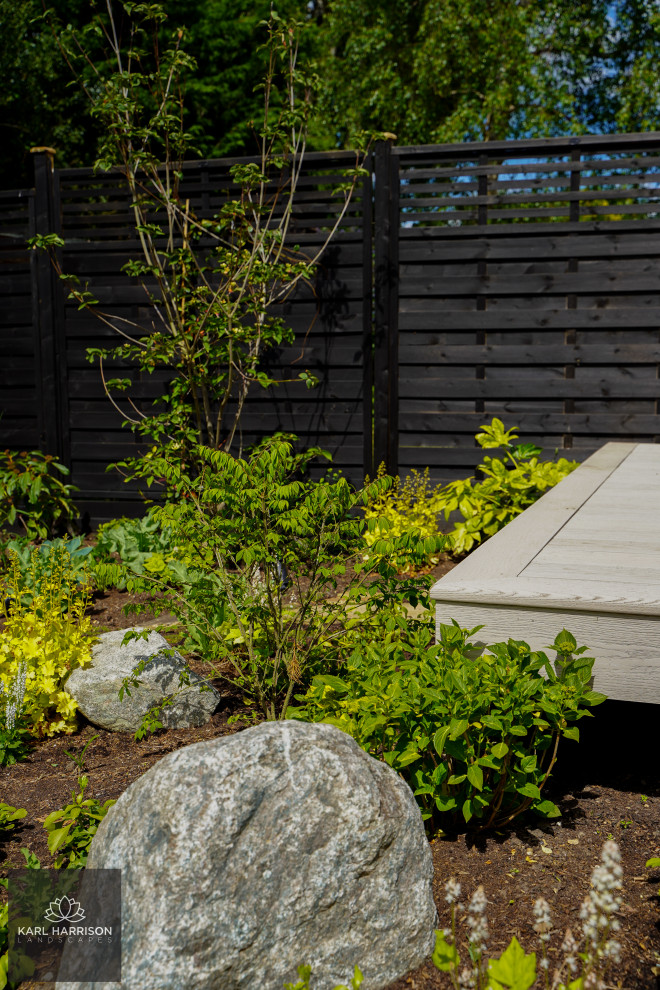 Foto di un giardino formale design esposto in pieno sole di medie dimensioni e dietro casa in estate con un ingresso o sentiero, pedane e recinzione in legno