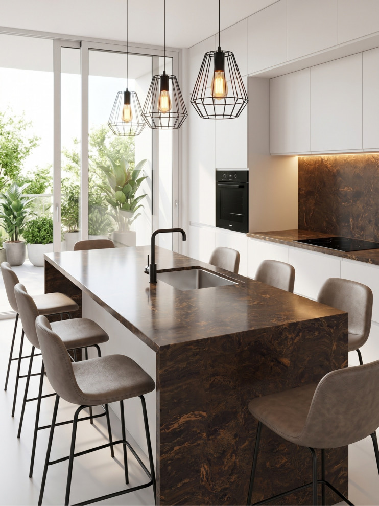Luxury Copper Sunset Stone Benchtop Kitchen | Modern Waterfall Island ...