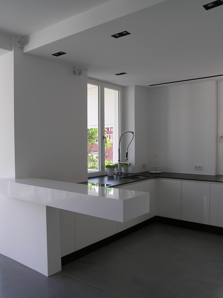 Küche ohne Insel in U-Form mit Unterbauwaschbecken, Glasfronten, Schränken im Used-Look, Granit-Arbeitsplatte, Küchenrückwand in Weiß, Betonboden und Küchengeräten aus Edelstahl in Stuttgart