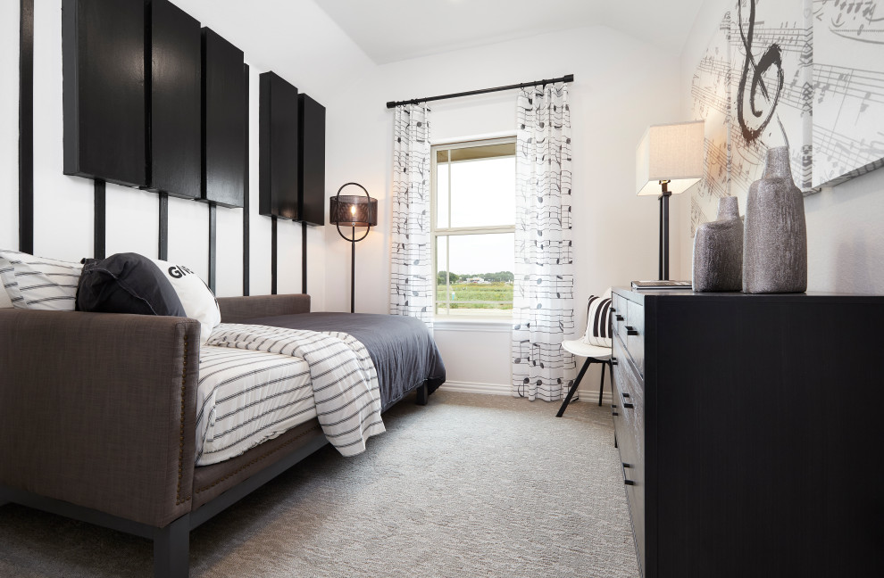 Inspiration for a mid-sized contemporary guest bedroom in Other with white walls, carpet and beige floor.
