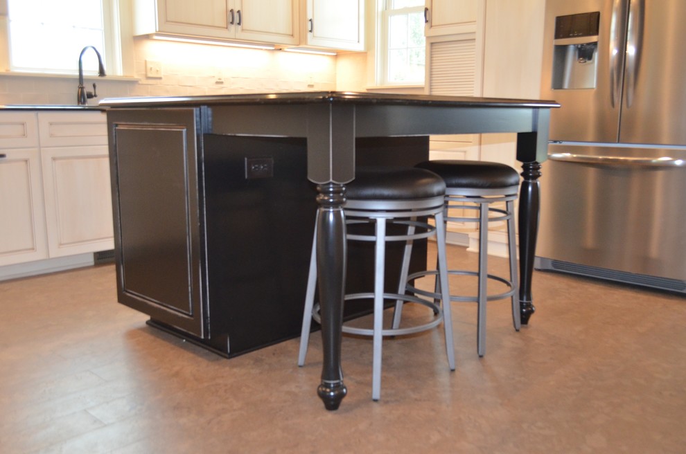 Eat-in kitchen - mid-sized transitional u-shaped brown floor eat-in kitchen idea with a double-bowl sink, recessed-panel cabinets, light wood cabinets, solid surface countertops, white backsplash, stone tile backsplash, stainless steel appliances and an island