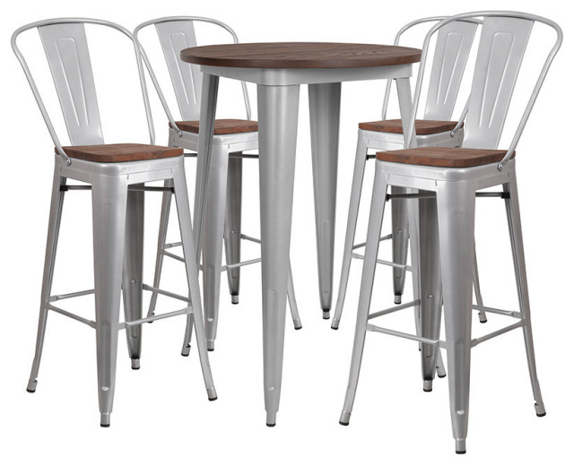 30" Round Silver Metal Bar Table Set with Wood Top and 4 Stools
