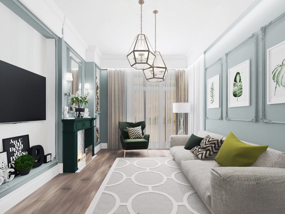 Дизайн гостиной и ванной комнаты в коттедже (Тополиная роща)