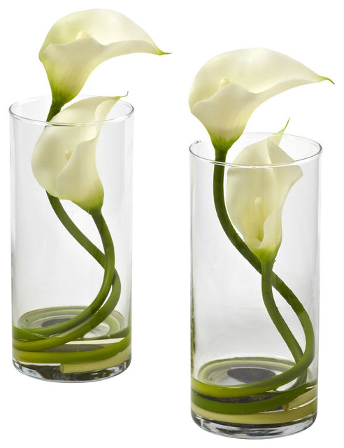 Double Calla Lily With Cylinder, Cream, Set of 2