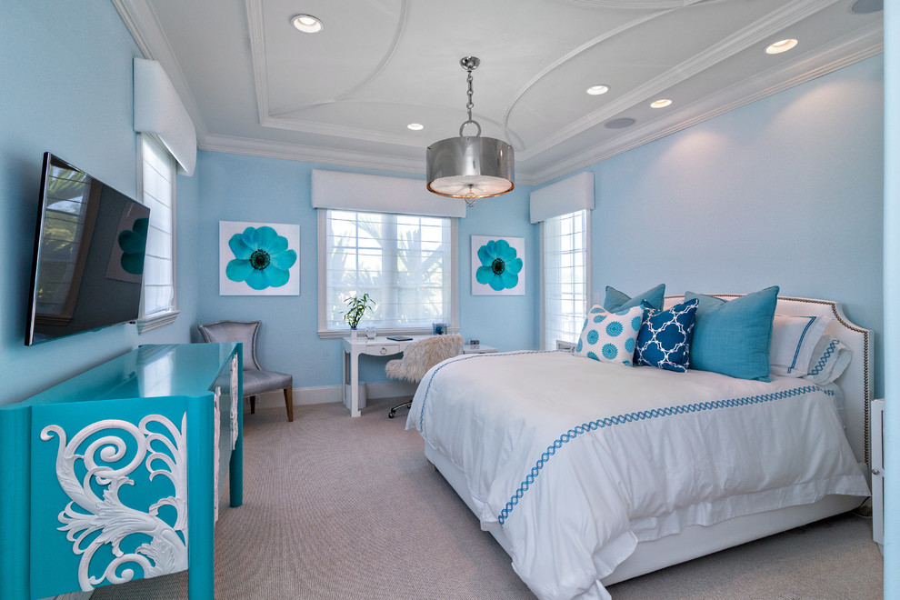 Mid-sized transitional kids' room in Miami with blue walls and carpet for girls.
