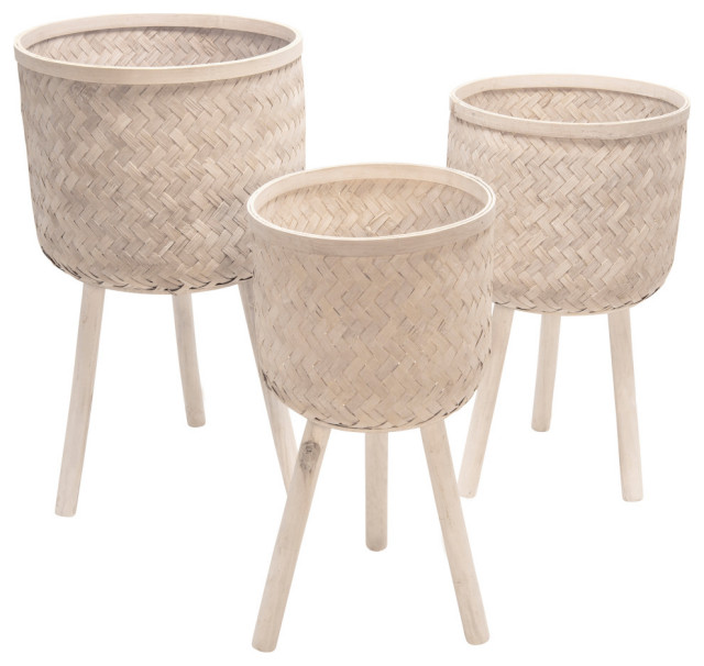 S/3 Bamboo Planters White Wash