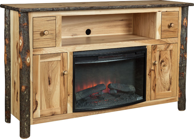 Amish Made in USA Rustic Hickory and Oak TV Stand with Glass Front Doors