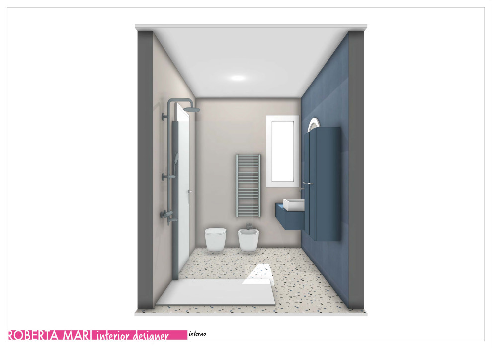 Foto på ett mellanstort funkis blå badrum med dusch, med luckor med profilerade fronter, en kantlös dusch, en toalettstol med hel cisternkåpa, blå kakel, porslinskakel, blå väggar, klinkergolv i porslin, ett fristående handfat, träbänkskiva, vitt golv, med dusch som är öppen och blå skåp