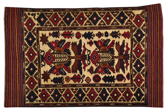 Oriental Rug, 100% Wool Old Afghan Baluch 4'X6', Hand-Knotted Rug