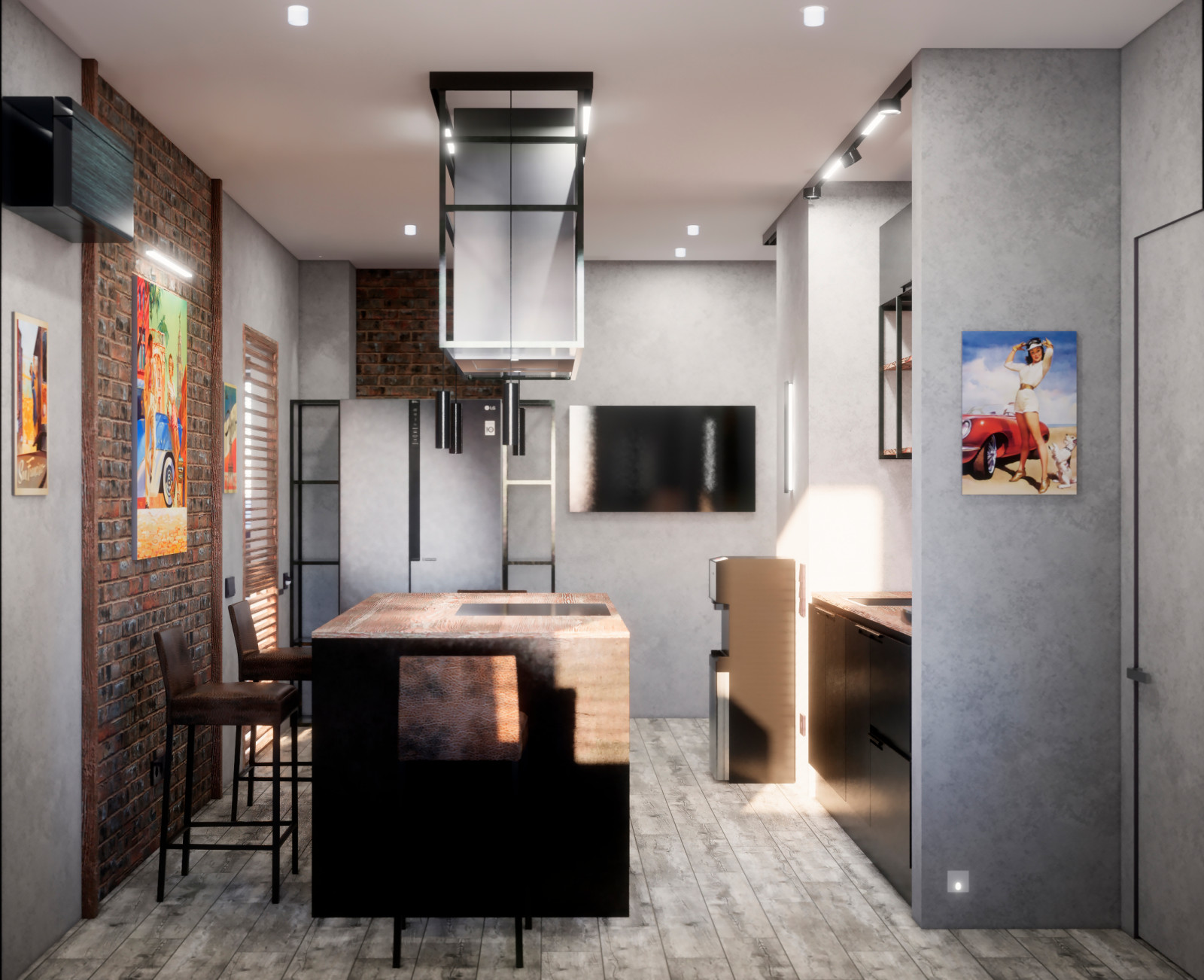 Квартира в Москве в стиле лофт, кухня, холл, санузел, кладовая. 2020 г.