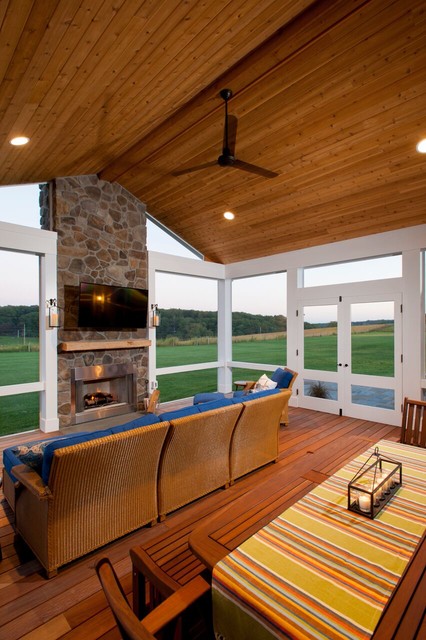 Elevated Screened Porch and Patio with Outdoor Fireplace in Sykesville, MD rustic-veranda