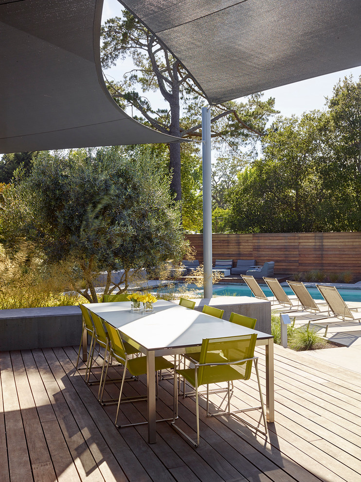 Design ideas for a contemporary backyard deck in San Francisco with an awning.