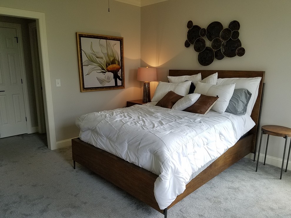 This is an example of a contemporary master bedroom in Other with grey walls, carpet and grey floor.