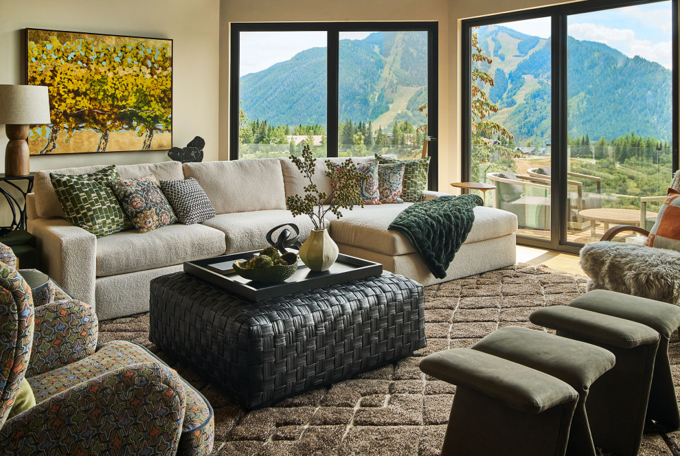 Living room - contemporary light wood floor and beige floor living room idea in Denver with beige walls
