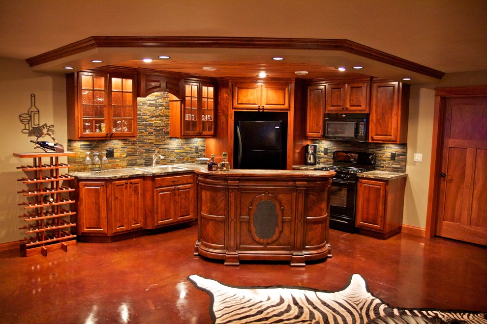 Inspiration for a mid-sized l-shaped concrete floor open concept kitchen remodel with a drop-in sink, raised-panel cabinets, medium tone wood cabinets, laminate countertops, multicolored backsplash, stone tile backsplash and stainless steel appliances