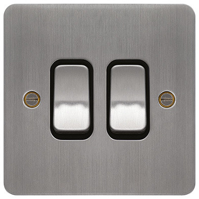 Hager 10AX 2 Gang 2 Way Wall Light Switch (Brushed Steel & Black)