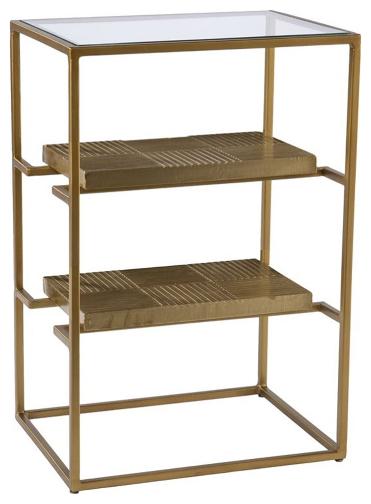 Maklaine Contemporary Metal End Table with Glass Top in Brass