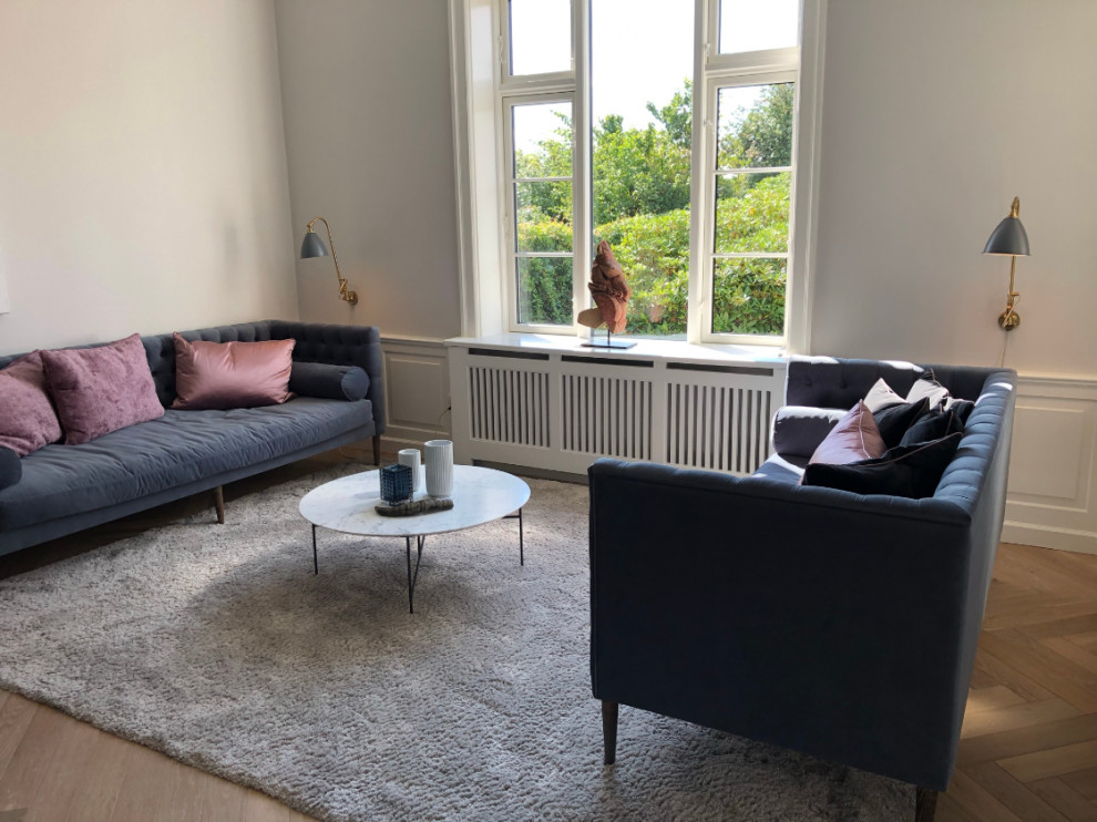 Design ideas for a mid-sized scandinavian formal open concept living room in Copenhagen with grey walls, dark hardwood floors, a wall-mounted tv, multi-coloured floor, wallpaper and wallpaper.