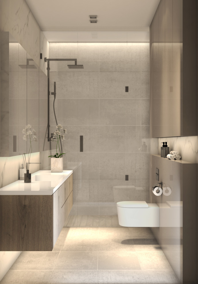 Пример оригинального дизайна: ванная комната среднего размера: освещение в стиле модернизм с бежевыми фасадами, отдельно стоящей ванной, инсталляцией, полом из керамической плитки, душевой кабиной, столешницей из кварцита, серым полом, открытым душем и подвесной тумбой
