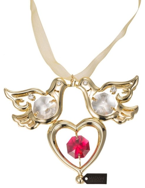 24k Gold Plated Crystal Studded Love Doves Hanging Ornament Red