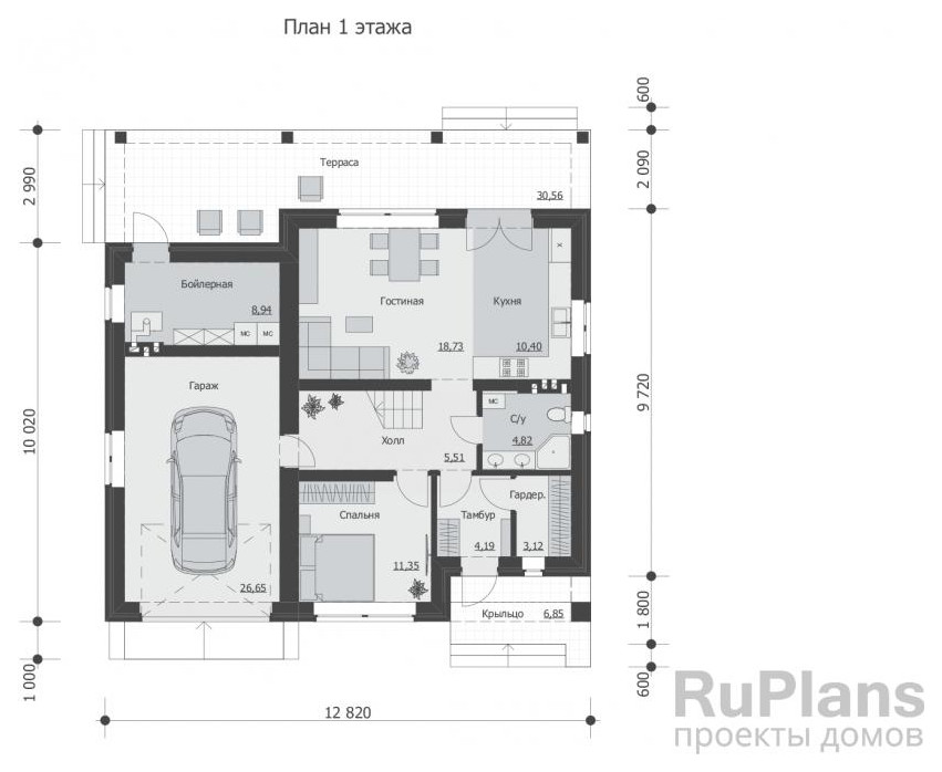Rg5884 - Одноэтажный дом с мансардой, гаражом, террасой и балконами