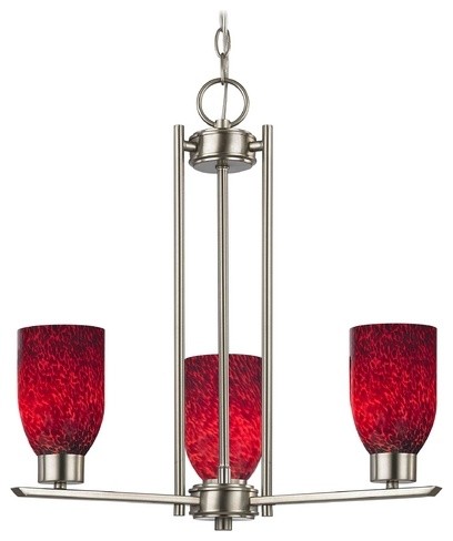 Chandelier with Red Glass in Satin Nickel Finish - 3-Lights