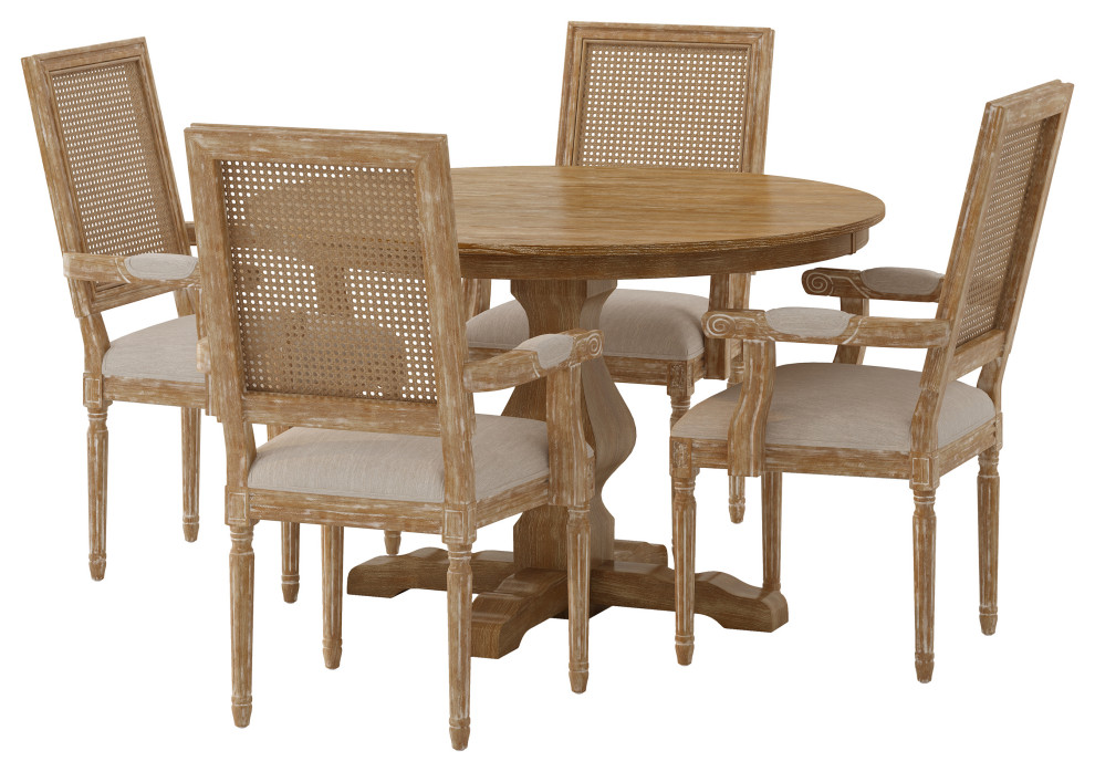 Joretta French Country Upholstered Wood and Cane 5-Piece Circular Dining Set, Natural/Beige