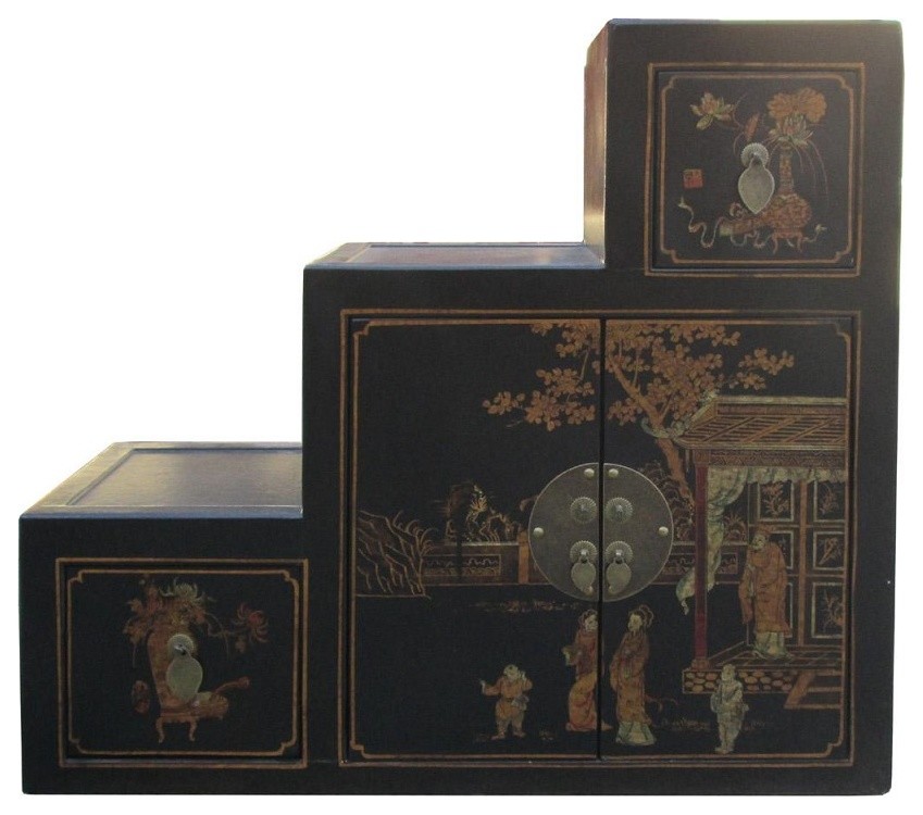 Chinese Black Oriental Scenery Step Tansu Cabinet