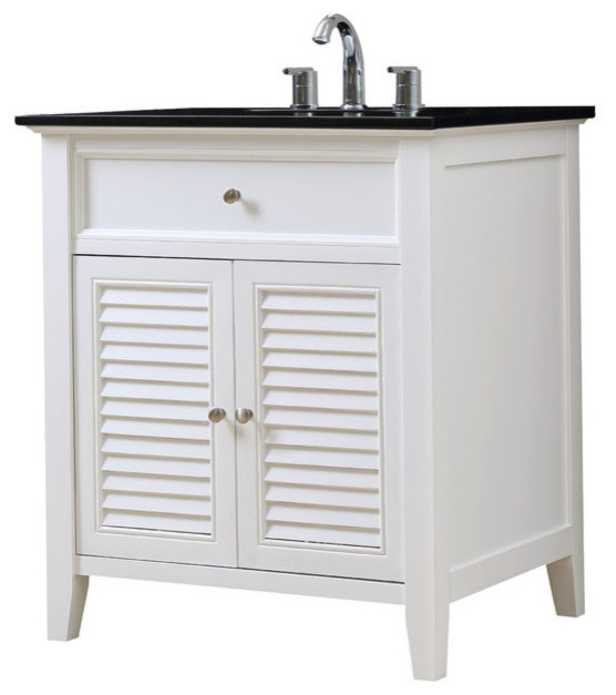 Shutter 32" White Vanity, Black Granite Top Transitional Bathroom