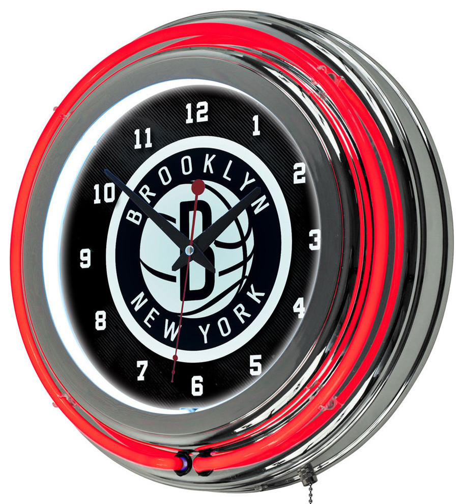 Brooklyn Nets NBA Chrome Double Ring Neon Clock