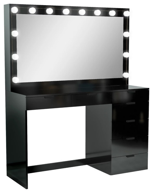 Modern Vanity Table, Lighted Mirror & Drawers With Cut Out Pulls, Black